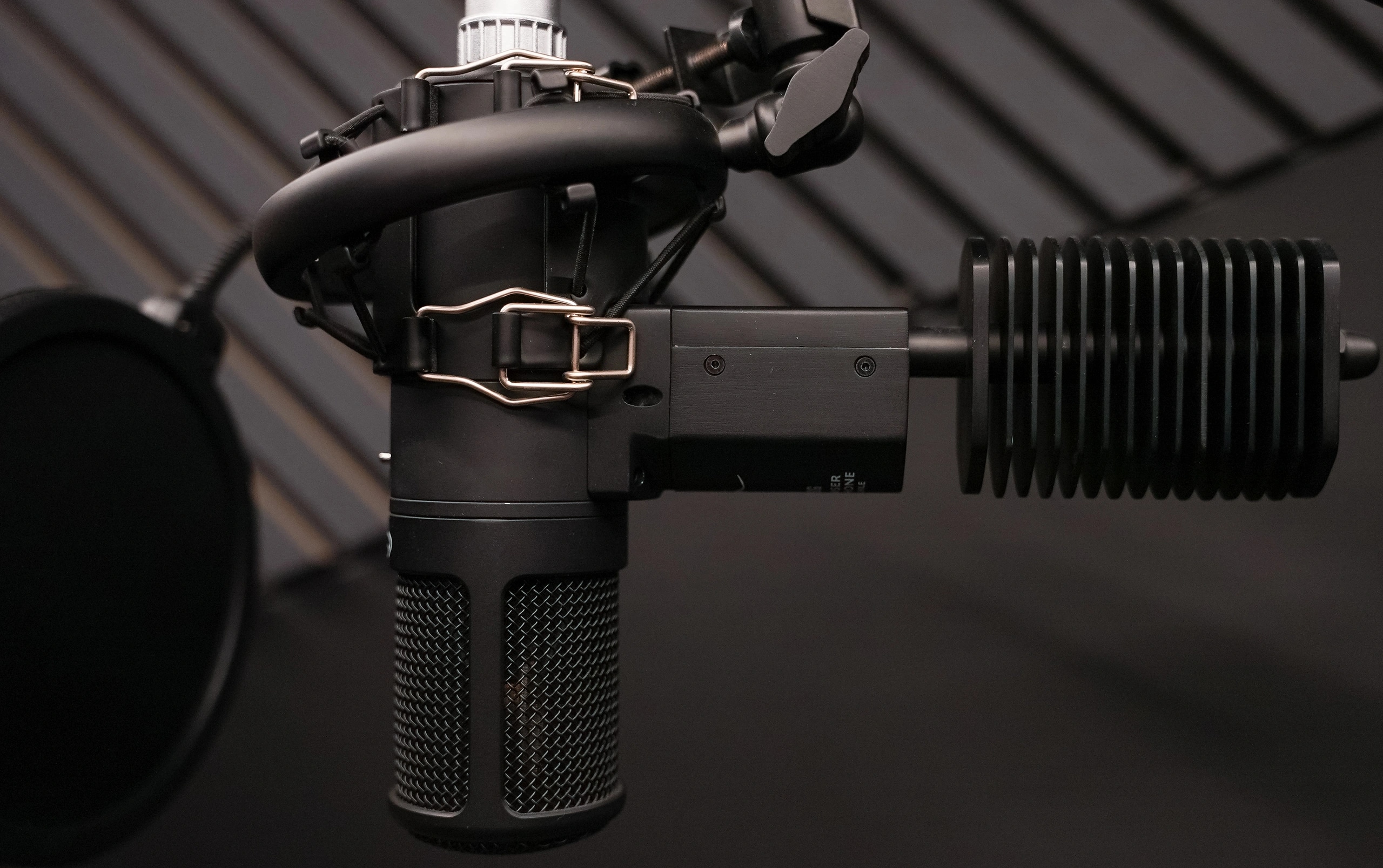 Aufnahmemikrofon vor Akustikpaneelen in Studio B